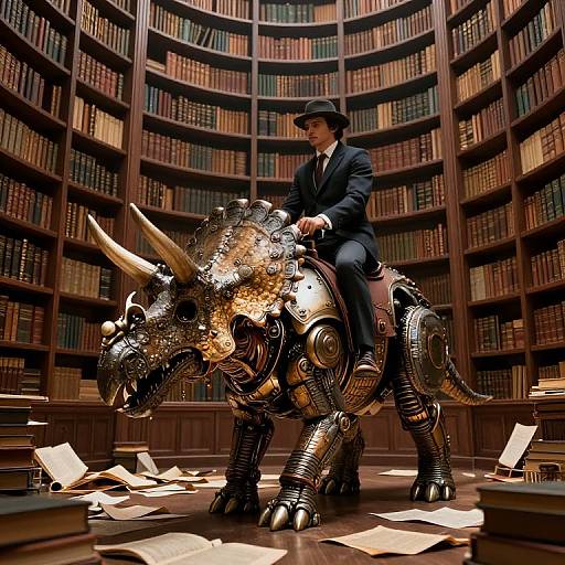 Photograph of a suited man in a bowler hat riding a metallic, rhinoceros-like robot in a grand, circular library filled with book