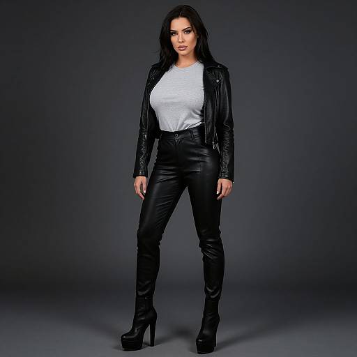 Photograph of a confident woman with long black hair, wearing a white shirt, black leather jacket, high-waisted black leather pants, and black