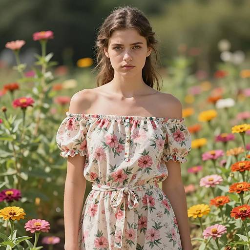 Young Woman in Floral Dress in Flower Garden