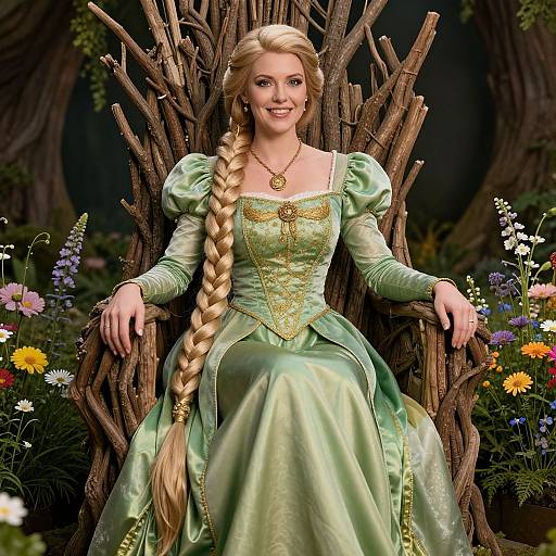 Digital artwork of a blonde princess with a long braid, wearing a green, puffed-sleeve dress, seated on a wooden throne amidst a