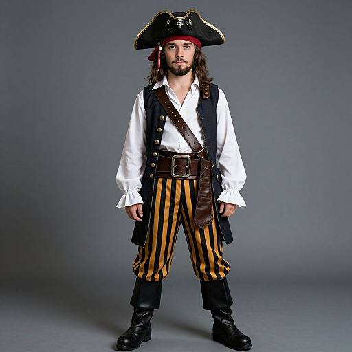 Photograph of a young man dressed as a pirate, wearing a black tricorn hat, white shirt, black vest, orange-striped pants, brown belt