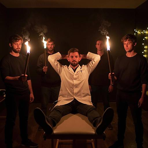 Man in Lab Coat with Torchbearers in Dark Room
