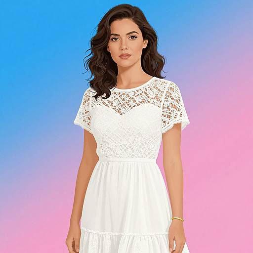 Photograph of a beautiful woman with wavy dark hair, wearing a white lace dress, standing against a gradient blue to pink background.