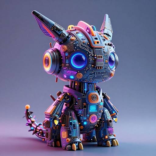 Digital CGI of a chibi-style, cybernetic dragon with glowing blue and pink lights, intricate circuitry, and futuristic design, set against a