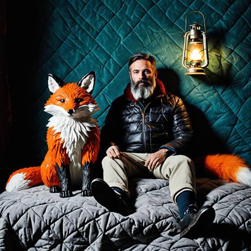 Man Sitting with Fox Sculpture and Lantern
