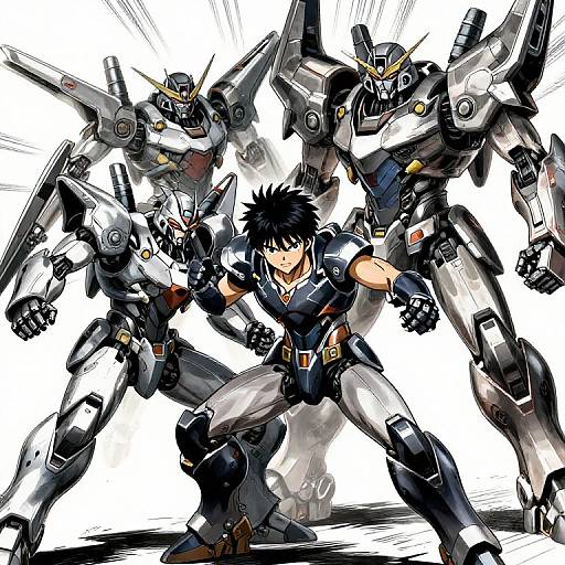 Anime-style digital illustration of a black-haired, muscular young man in a black and gray mech suit, surrounded by four large, detailed mecha robots in