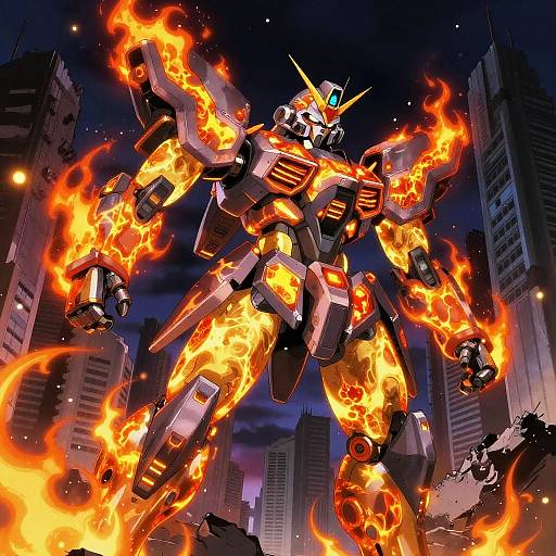 Digital artwork of a fiery, orange and black robotic mecha with glowing blue eyes, standing amidst a cityscape at night, surrounded by flames and towering