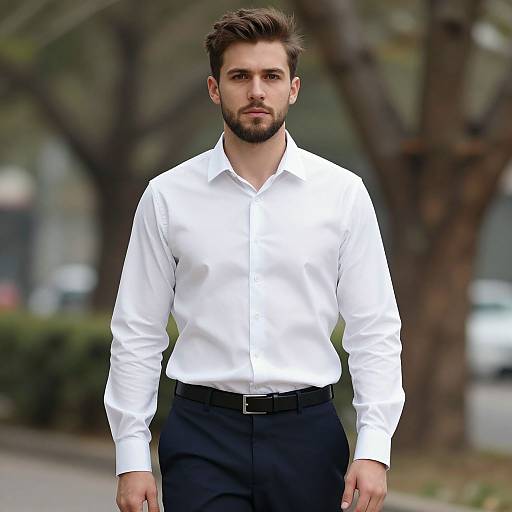 Photograph of a handsome, bearded man with short brown hair, wearing a crisp white dress shirt and black pants, standing outdoors. Background includes blurred