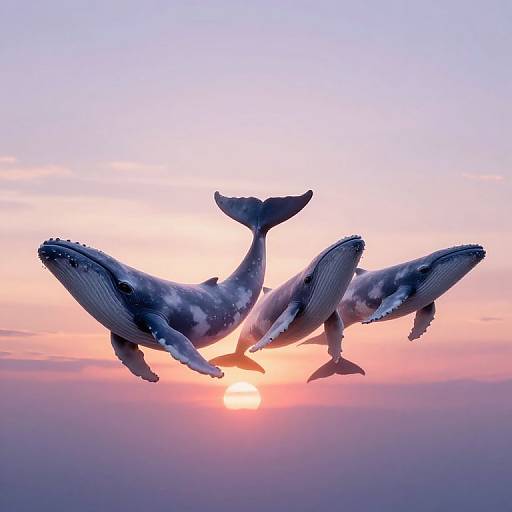 Photograph of three humpback whales silhouetted against a vibrant sunset, with their tails and pectoral fins prominently displayed. Sky transitions