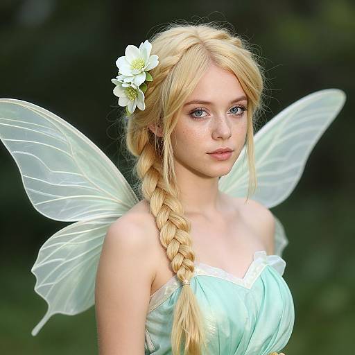 Photorealistic digital image of a young blonde fairy with blue eyes, braided hair, white flower, translucent wings, and light green dress, set
