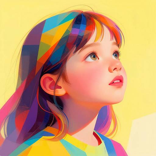 Digital artwork of a young girl with multicolored hair and clothes, looking up, against a bright yellow background. Vibrant, abstract style.