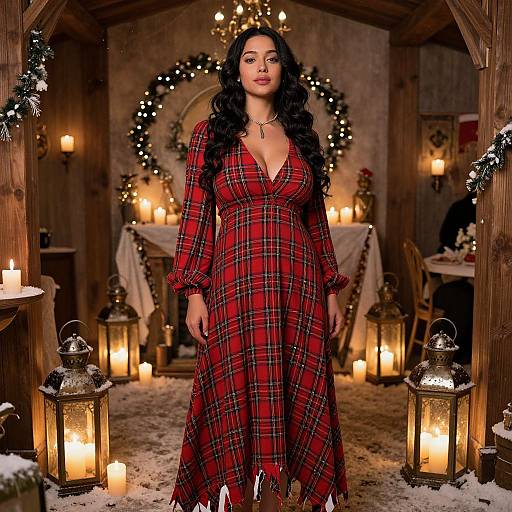 Photograph of a woman with long black hair in a red plaid dress, standing in a cozy, candlelit wooden cabin with Christmas wreaths and