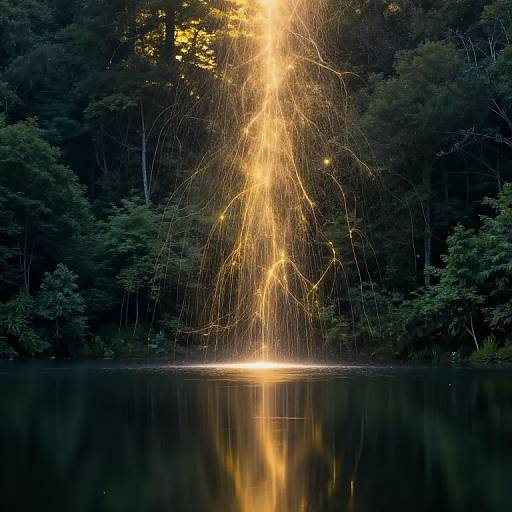 Photograph of a nighttime forest with a bright, yellow, lightning-like light beam descending from the trees, creating a glowing reflection on a calm, dark