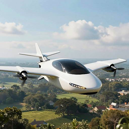 Photograph of a sleek, white, twin-engine, futuristic drone aircraft flying over a lush, green countryside with scattered houses and trees.