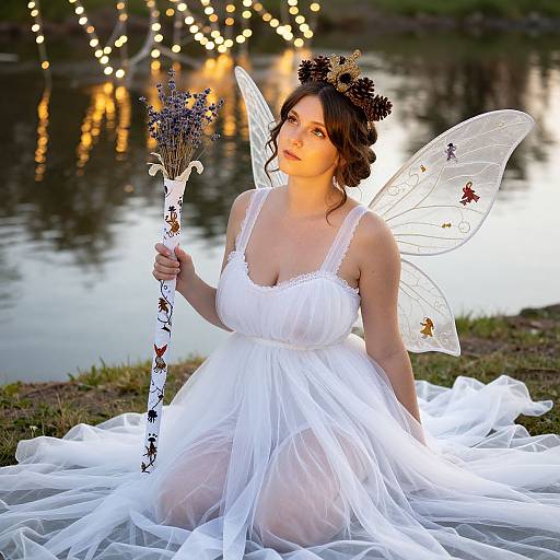 Photograph of a fair-skinned woman with dark hair, wearing a white, lace-trimmed dress and fairy wings, kneeling by a lake at