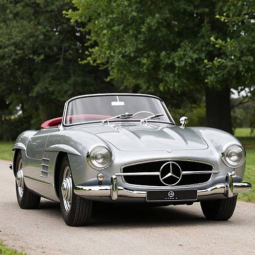 Photograph of a shiny silver Mercedes-Benz convertible with red interior, parked on a gravel path, surrounded by lush green trees.