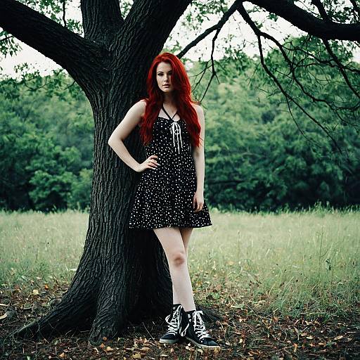 Red-Haired Woman in Polka Dot Dress Outdoors