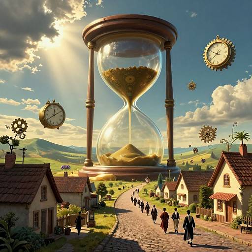 Digital artwork: Giant hourglass tower in a sunlit village, clock gears floating, people walking on cobblestone path, houses with red roofs.