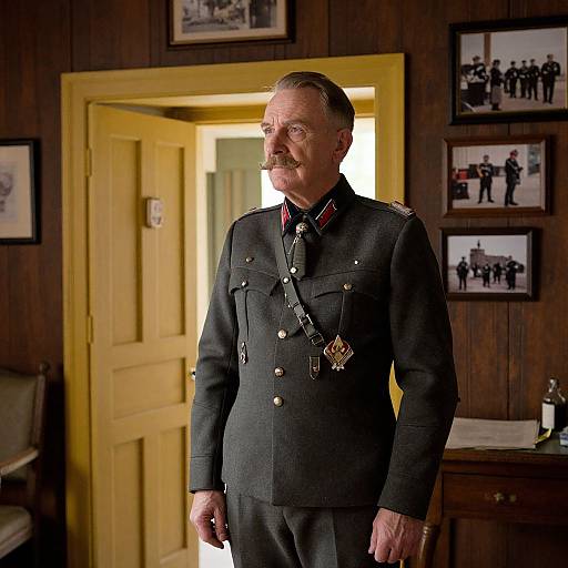 Photograph of an older white man with a mustache, wearing a dark military uniform with medals, standing in a wood-paneled room with framed photos