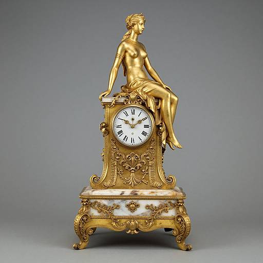 Gilded classical statue clock with nude woman seated on top, ornate gold and white base, white clock face with black numbers.