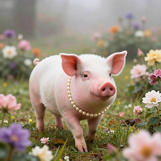 Photograph of a pink piglet wearing a pearl necklace, standing in a misty, colorful flower garden, with blurred flowers in the background.