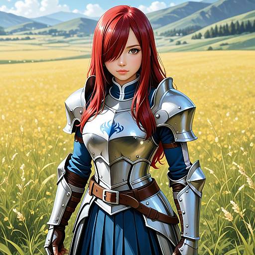 Digital art of a red-haired woman in silver armor standing in a golden field, mountains in the background, blue sky overhead.
