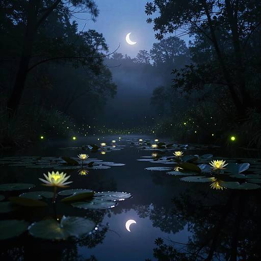 Moonlit forest pond with floating lilies, glowing fireflies, and a crescent moon reflected in the calm water. Silhouetted trees frame