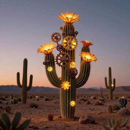 Photograph of a glowing, gears-decorated cactus with orange flowers in a desert at twilight, surrounded by other cacti and a purple