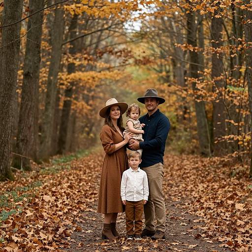 Photograph of a family in autumn forest: mother in brown dress and hat, father in blue shirt and hat, holding baby, boy in white shirt