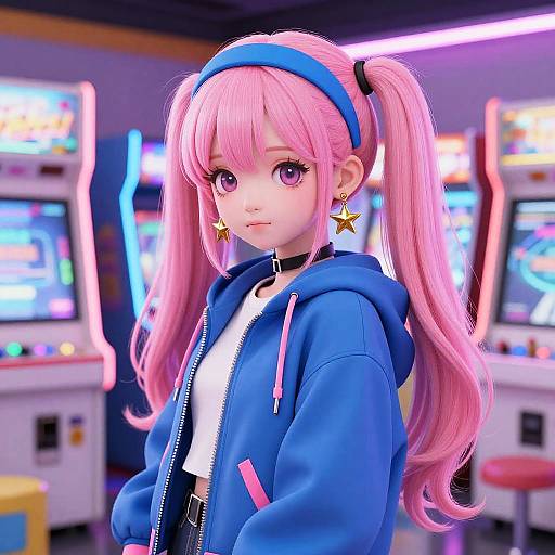 Digital anime-style drawing of a cute pink-haired girl with twin tails, wearing a blue hooded jacket, blue headband, star earrings, in a