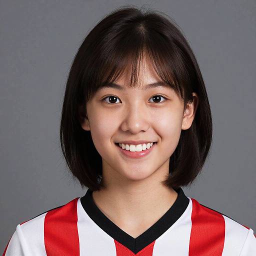 Photograph of a young Asian woman with straight black hair, smiling, wearing a red and white soccer jersey with black collar.