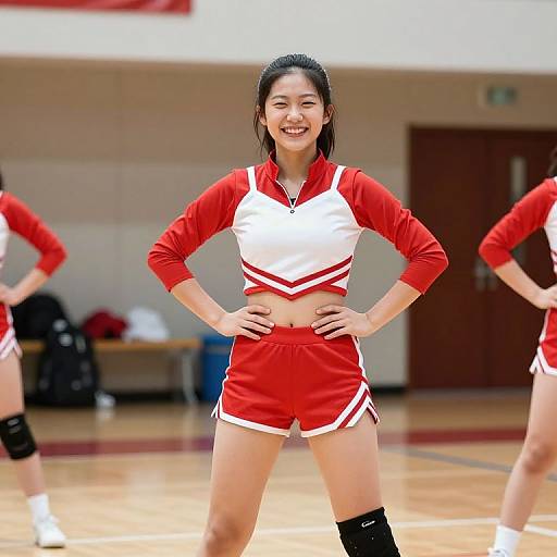 Photograph of an Asian cheerleader with black hair in a ponytail, smiling, wearing red and white uniform, hands on hips, gym background.