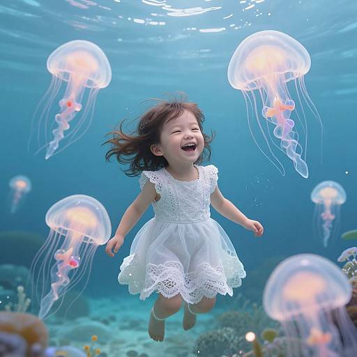 Photograph of a joyful Asian girl with brown hair, wearing a white lace dress, swimming underwater surrounded by glowing jellyfish.
