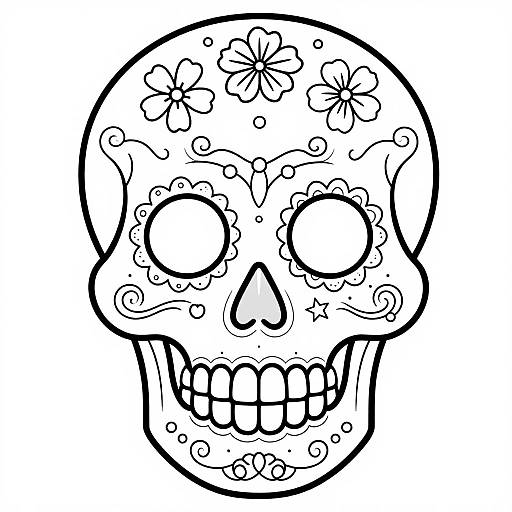 Black and white line drawing of a sugar skull adorned with floral and swirling patterns, featuring large eye holes and a grinning toothy mouth, in a