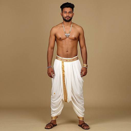 Photograph of a muscular, dark-skinned man with short black hair and beard, wearing white dhoti pants, gold jewelry, and sandals,