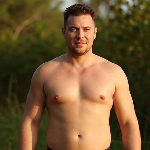 Photograph of a shirtless, muscular, Caucasian man with short dark hair, light beard, and slight smile, standing outdoors in sunlight.