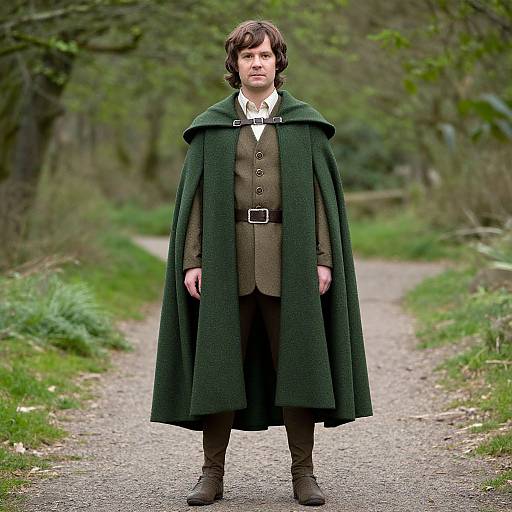 Photograph of a man with wavy brown hair, wearing a green cloak, brown vest, white shirt, and brown trousers, standing on a forest