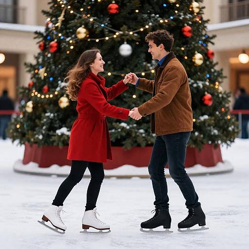 Couple Dancing on Ice by Christmas Tree