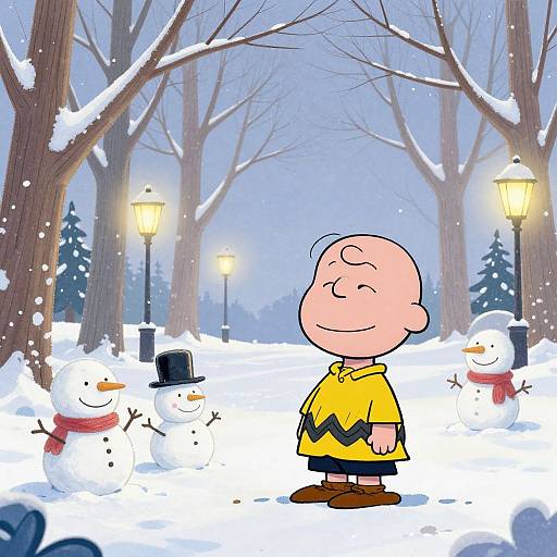 Cartoon of Charlie Brown in yellow jacket, smiling in snowy park with snowmen, bare trees, and glowing lamps. Winter scene.