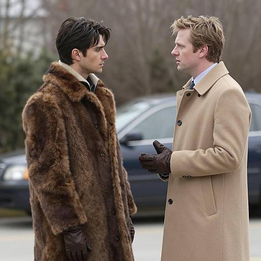 Two men in winter coats having conversation outdoors