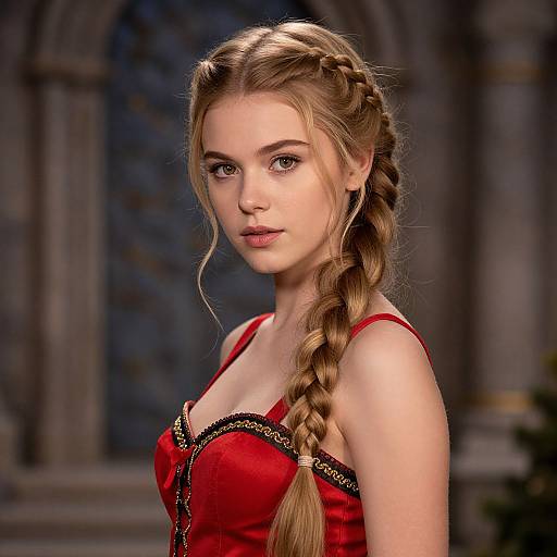 Photorealistic digital portrait of a young woman with fair skin, long blonde braided hair, wearing a red medieval-style dress with black lace trim,