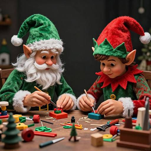 Photorealistic CGI of two elf children with pointed ears, one with a green hat and white beard, the other red, working on colorful wooden toys