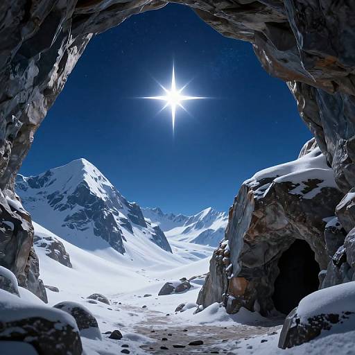 Photograph of a snowy mountain landscape viewed through a rocky cave opening, with a bright star in a clear, deep blue night sky.