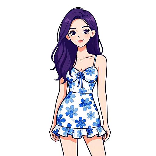 Digital anime-style drawing of a cute young woman with long purple hair, wearing a white floral sundress with blue flowers, standing against a white background.