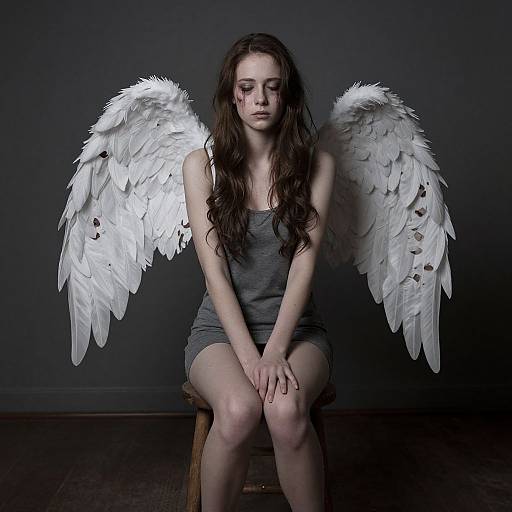 Photograph of a young woman with long brown hair, white angel wings, wearing a gray dress, sitting on a wooden stool against a dark gray background