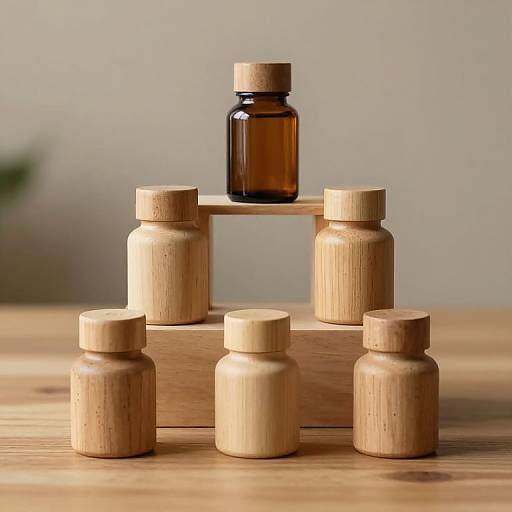 Photograph of five wooden-capped amber glass bottles arranged on a light wood pyramid structure against a blurred gray background.