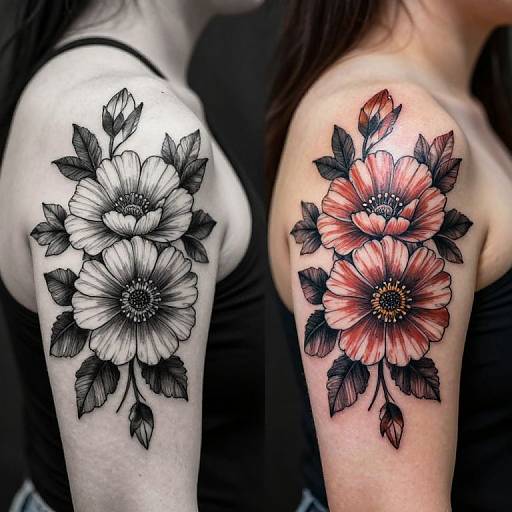 Side-by-side photograph of a black-and-white floral tattoo on left arm and a colored red-and-black floral tattoo on right arm.