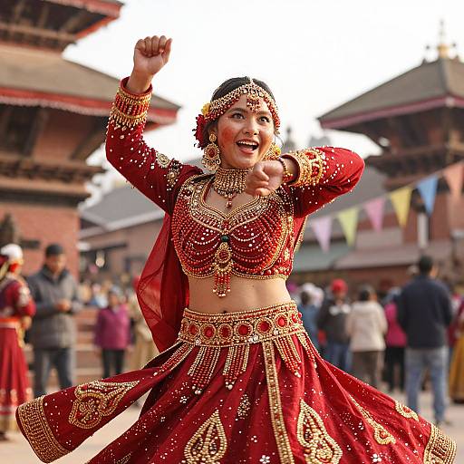 Photograph of a joyful South Asian woman in a red, gold-embellished traditional dance outfit, performing in a bustling, colorful outdoor festival setting