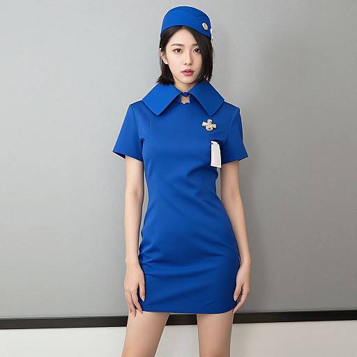 Photograph of an Asian woman in a blue, short-sleeved, collared, mini dress and matching cap, standing against a plain grey background
