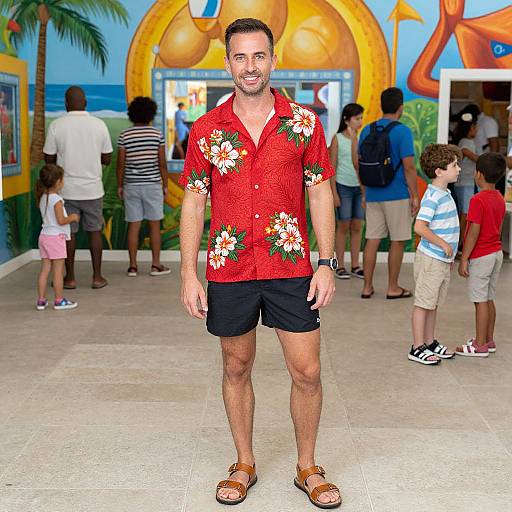 Photograph of a muscular man with short dark hair, wearing a red floral shirt, black shorts, and brown sandals, standing in front of a colorful